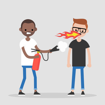 Quarrel conceptual illustration. Two arguing characters. Flames and fire extinguisher. Flat editable vector illustration, clip art