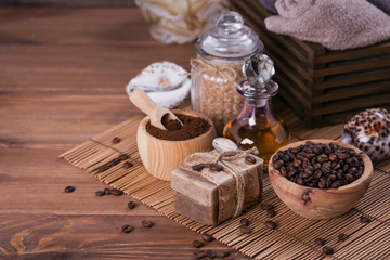 Natural handmade soap, aromatic cosmetic oil, sea salt with coffee beans