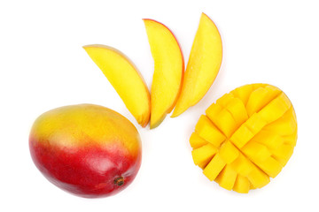 Fototapeta na wymiar Mango fruit and slices isolated on white background close-up. Top view. Flat lay