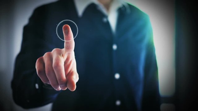 Person locking devices with touch ID, fingerprint scan biometrics security, access secured concept with digital interface, businessman digital animation of verafication authentication login to system