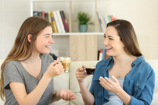 Two friends talking and drinking coffee at home