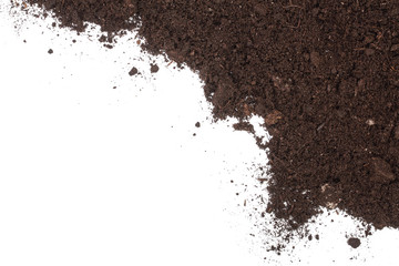 Pile heap of soil isolated on white background with copy space for your text. Top view