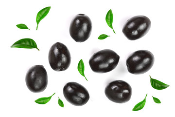 whole black olives isolated on white background. Top view. Flat lay pattern