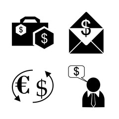 icon Currency with bag, finance, banknote, envelope with money and cashier