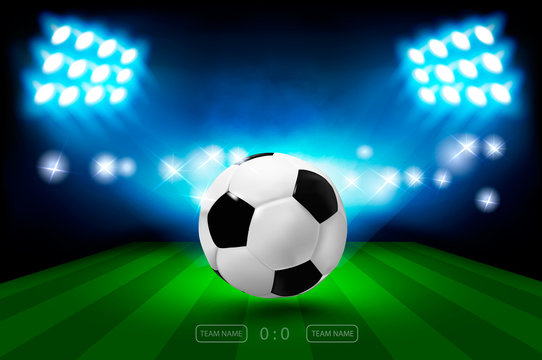 Football arena with bright stadium lights and ball. Football Championship 2018 Soccer Cup. Vector illumination