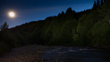 Summer mountain stream of the lunar night in the Bieszczady Mountains - obrazy, fototapety, plakaty