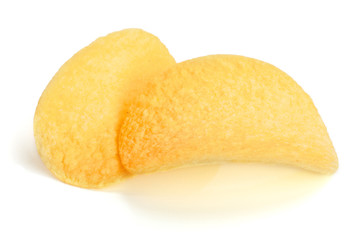 two potato chips on white background close-up