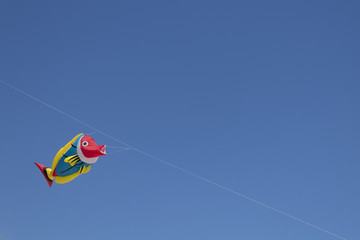 Kite competition on a sunny hot day. Colorful, creative kites fly against a deep blue sky in the caribbean