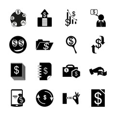 icon Currency with cashier, blank, buy, pile with coins and bank teller