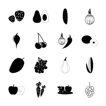 icon Fruits And Vegetables with carrots, berry, sweet, cocoanut and cherry bomb