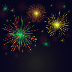 Vector golden, green, red fireworks set over night sky