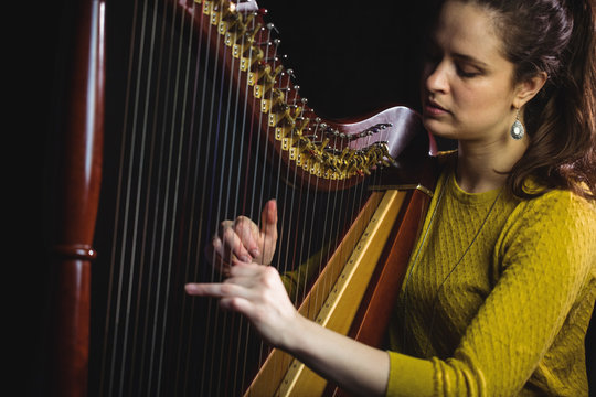 Woman playing a harp in music school