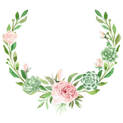 Watercolor Greenery, Rose & Succulent Wreath