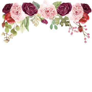 Watercolor Marsala Roses bouquet drop frame