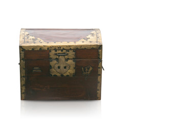 Ancient wooden treasure chest with brass corner guards