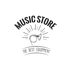 Horn. Music store logo. Music shop label. Wind Musical Instrument. Vector.