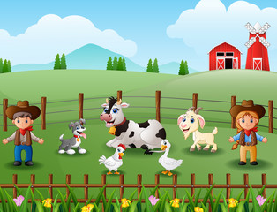 The cowboy and cowgirl at the farm with animals 
