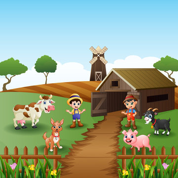 Young farmers activities with animals front of cage