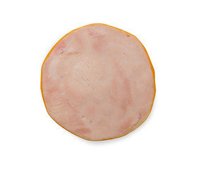Macro close up circle smoked ham sliced isolated on white background, File contains a clipping path.