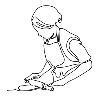 Woman rolling dough with rolling pin. Continuous line drawing. Isolated on the white background. Vector monochrome, drawing by lines.