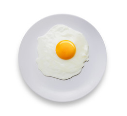 top view macro close up fried egg in dish on white background