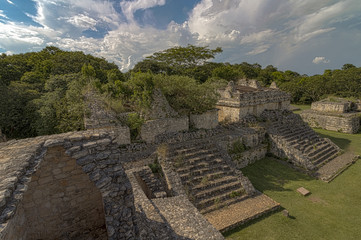 Fototapeta na wymiar Mayan acropolis EkBalam in Mexico. These ruins are extremely well kept. Stone walls and pyramids were restored by expert anthropologist. 
