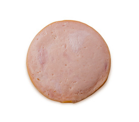 Macro close up circle smoked ham sliced isolated on white background, File contains a clipping path.