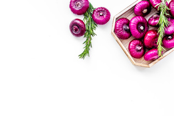 Red onion is healthy product. Onion bulbs in tray on white background top view space for text