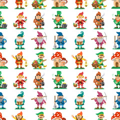 Fairy tale fantastic gnome seamless pattern background dwarf elf character poses magical leprechaun cute fairy tale man vector illustration