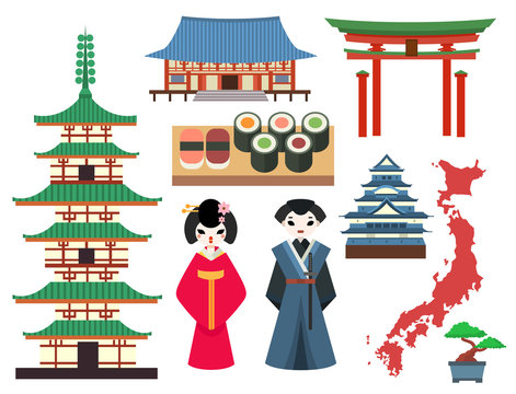 Vector flat colored symbols of Japan travel and asia tourism design packaging fabric traditional fuji oriental architecture art.