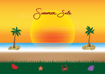 Fototapeta na wymiar summer sale promotion season with coconut tree and sea beach background vector illustration