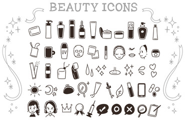 スキンケアの手描き風アイコンセット（モノクロ）