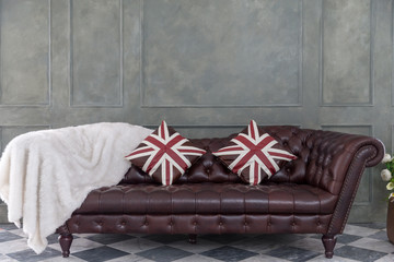 Brown leather Luxurious sofa with pillow and wool
