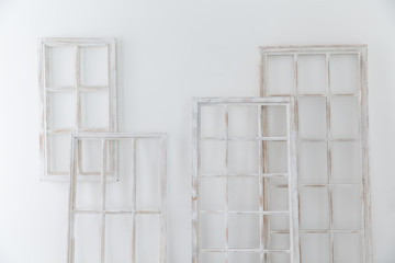 Old wooden window frame on white background