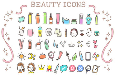 スキンケアの手描き風アイコンセット（カラフル）