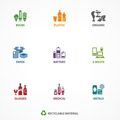 Garbage waste recycling icons, line symbols of different sorting.
