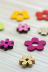 Wooden and textile flowers, blossoms still life, springtime Easter decoration