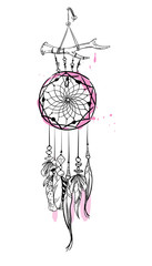 Fototapeta na wymiar Vector illustration with hand drawn dream catcher with pink accents. Feathers and beads.