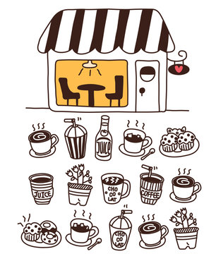 stock illustration cafe doodle icon set