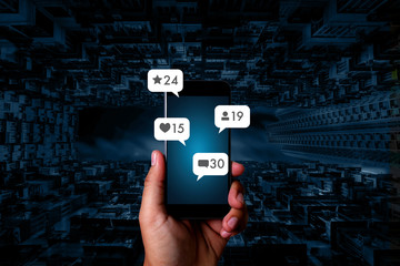 Contact us  sms media man use  smart phone social media network pop notification icons