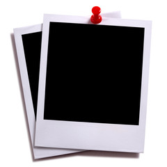 Blank polaroid style instant camera photo print frame two pair pinned with pushpin isolated on white background