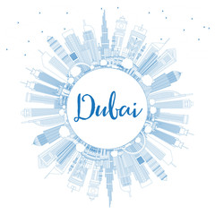 Fototapeta premium Outline Dubai UAE City Skyline with Blue Buildings and Copy Space.