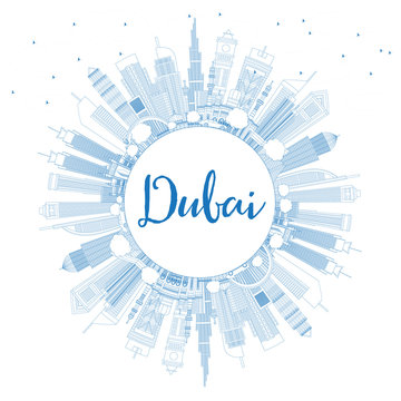 Outline Dubai UAE City Skyline with Blue Buildings and Copy Space.