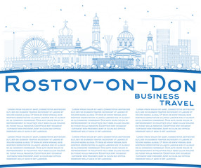 Outline Rostov-on-Don Russia City Skyline with Blue Buildings and Copy Space.