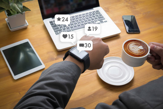 Contact us  sms media man use  smart phone social media network pop notification icons