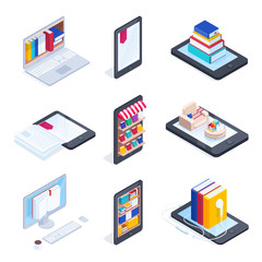 Set of isometric icons of e-books.