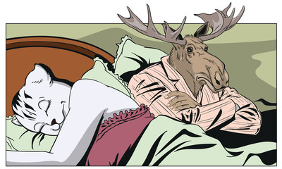 Man next to a sleeping woman. Pussycat and thoughtful elk. People in images of animals.