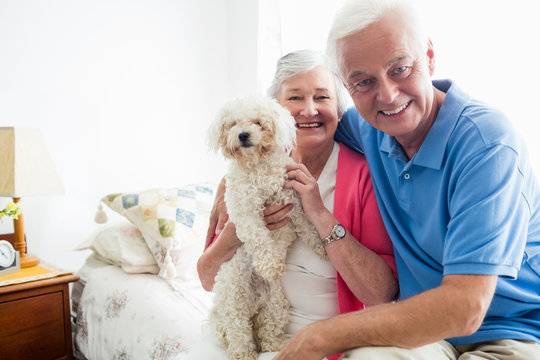 Senior couple holding a dog