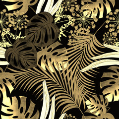 Motif tropical coloré sans couture avec effet aquarelle sur fond noir.