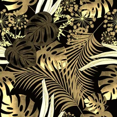 Stof per meter Naadloze kleurrijke tropische patroon met aquarel effect op zwarte achtergrond. © brusnika9
